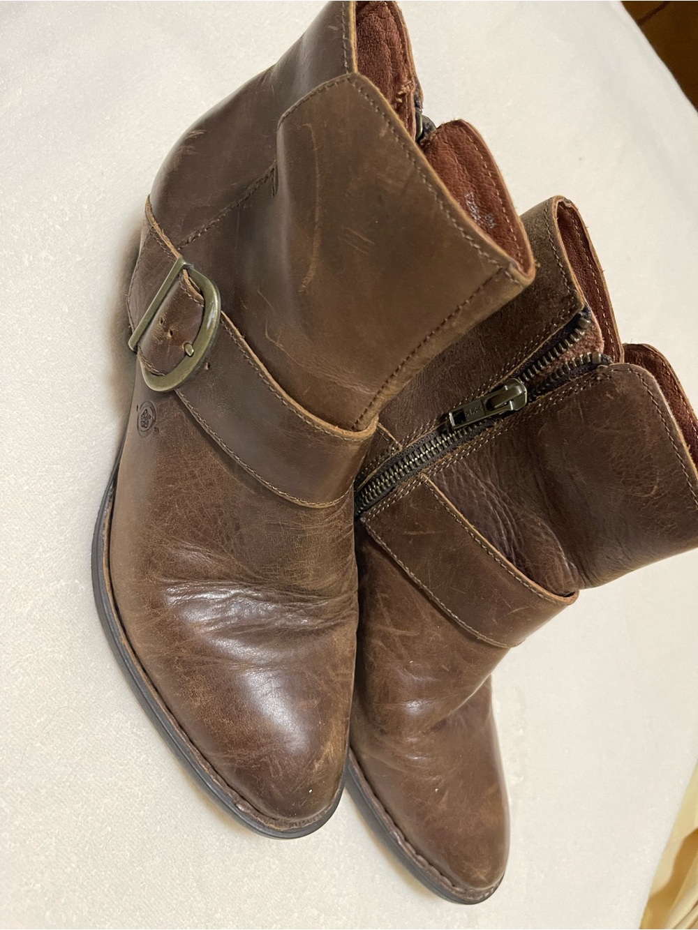 Born Brown Leather Ankle Booties with Side Zip and Buckle
